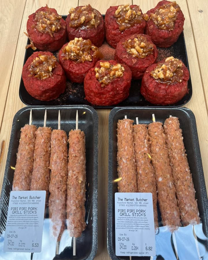 A couple of new products for you today, we have tandoori beef truffles filled with spicy tomato and onion chutney and blue Stilton, we also have piri piri pork grill sticks. 😋  #Knutsford #meat #pork #beef #localfood #butchers