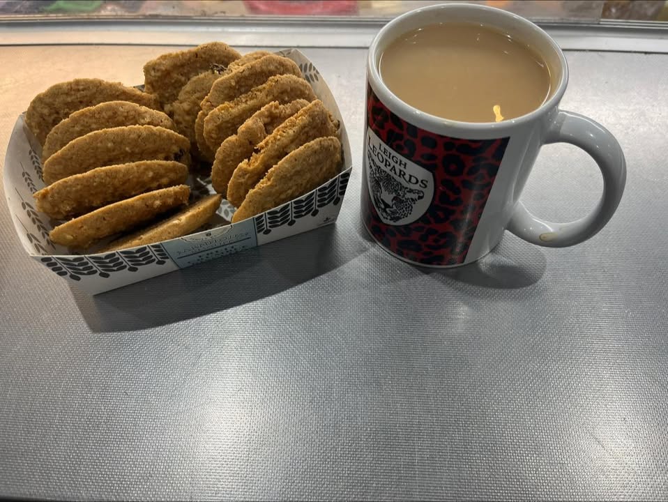 Early start, everything is now set up and having a cup of tea with some of our new biscuits, come and try some.
