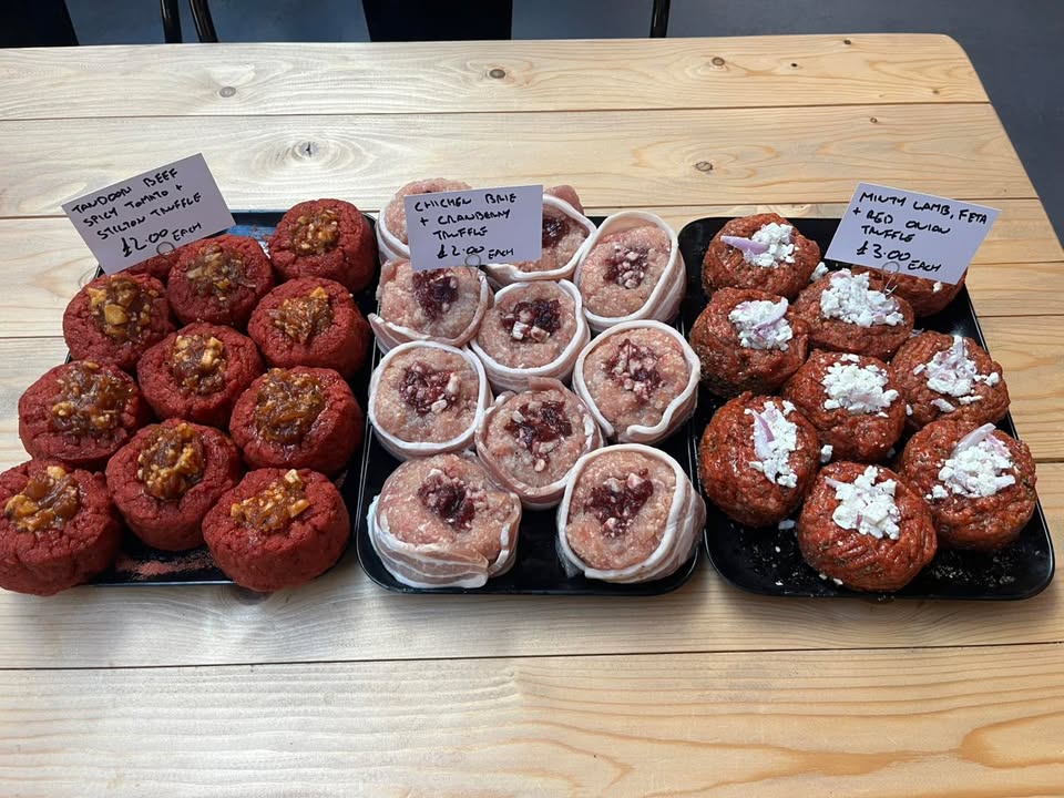 Gorgeous new truffles. tandoori beef with Stilton and spicy tomato chutney. chicken with streaky bacon, Brie and cranberries. Minty lamb with feta and red onion. Knutsford Market Hall knutsfordmarkethall  #knutsford #meat #truffle #ɴᴇᴡᴘᴏsᴛ #markets #butcher